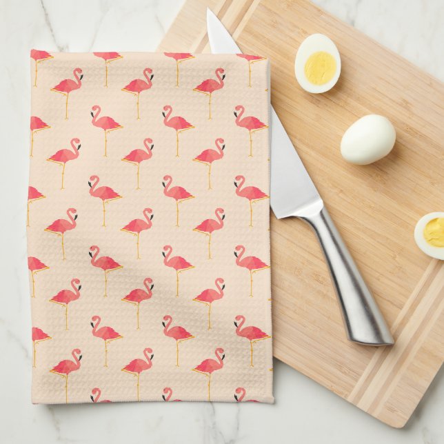 Pink Preppy Flamingos on Cream Kitchen Towel (Quarter Fold)