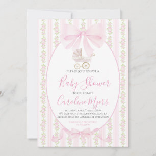 Pink Preppy Floral Coquette Baby Girl Carriage Invitation