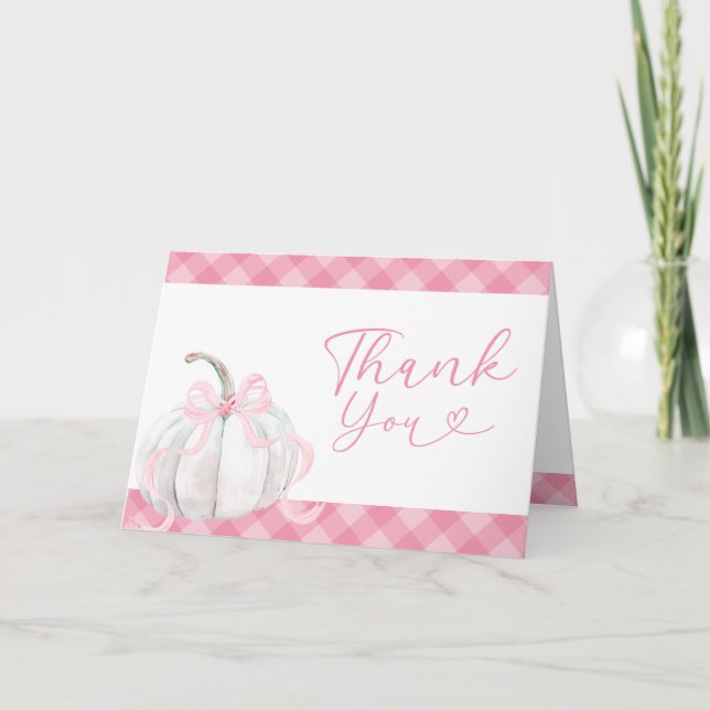 Pink Preppy Girl's Pumpkin 1st Birthday Folded  Thank You Card (Front)