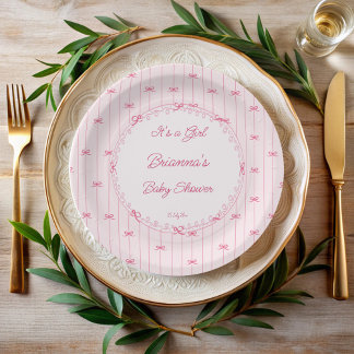Pink preppy hand drawn baby shower monogrammed paper plate