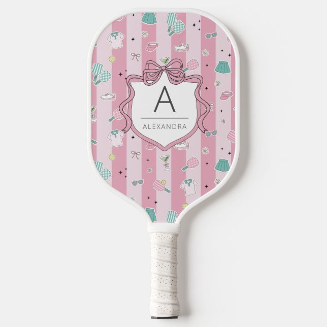 Pink Preppy Monogram Print Pickleball Paddle (Front)