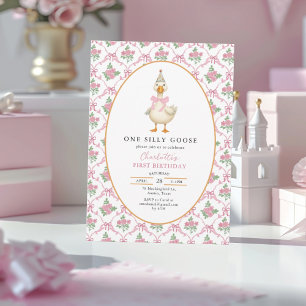 Pink Preppy One Silly Goose Bow 1st Birthday Invitation
