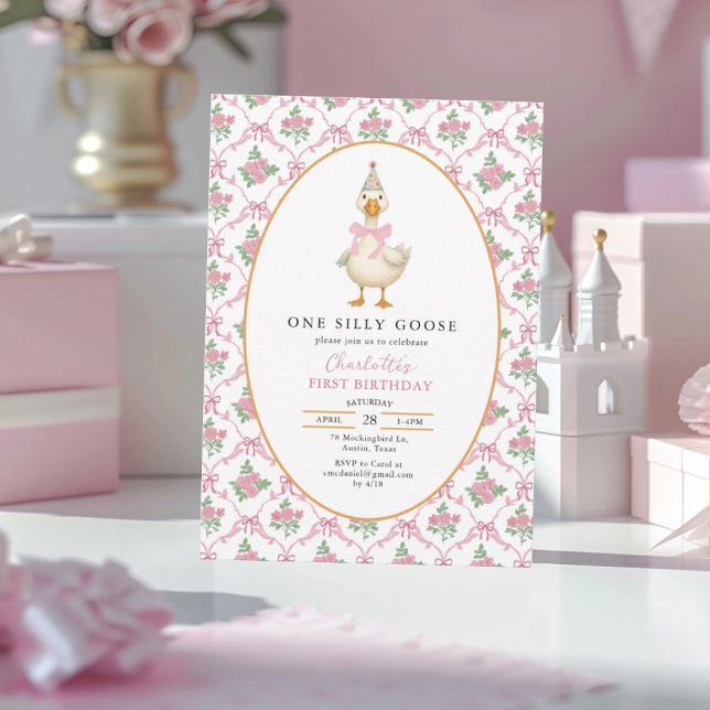 Pink Preppy One Silly Goose Bow 1st Birthday Invitation (Creator Uploaded)