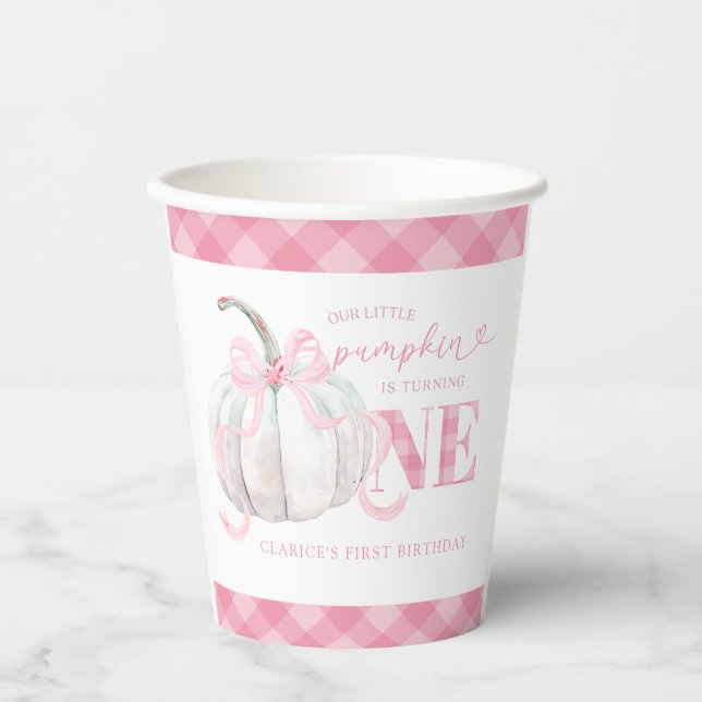 Pink Preppy Pumpkin Girl 1st Birthday Paper Cup (Front)