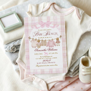 Pink Preppy Teddy Bear Girl Baby Shower Plaid Bow Invitation