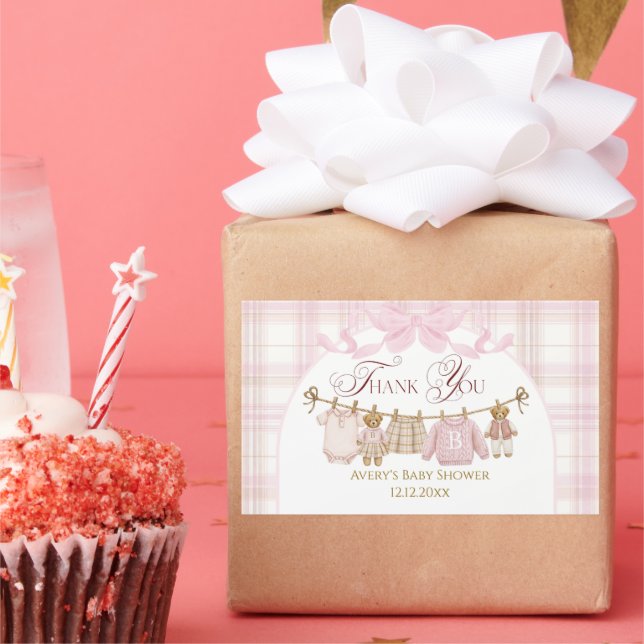 Pink Preppy Teddy Bear Girl Baby Shower Plaid Bow Rectangular Sticker (Party)