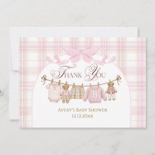 Pink Preppy Teddy Bear Girl Baby Shower Plaid Bow Thank You Card