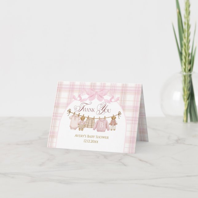 Pink Preppy Teddy Bear Girl Baby Shower Plaid Bow Thank You Card (Front)