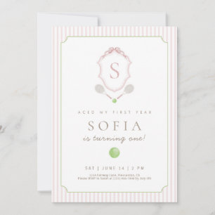 Pink Preppy Tennis Crest 1st Birthday Invitation