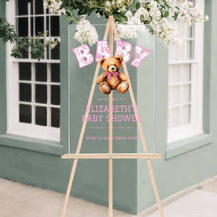Pink Preppy Varsity Teddy Bear Baby Shower Welcome Acrylic Sign
