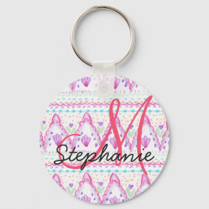 Pink Pretty Bohemian Watercolor Aztec Monogram Key Ring