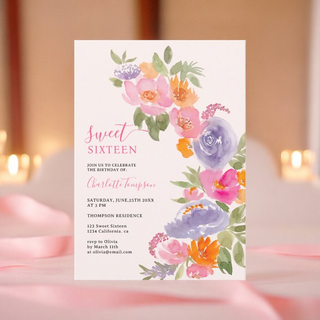 Pink Pretty boho floral watercolor sweet 16 Invitation (Pink Pretty boho floral watercolor sweet 16 Invitation)