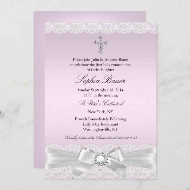 Pink Pretty Bow & Cross Holy Communion Invitation (Front/Back)