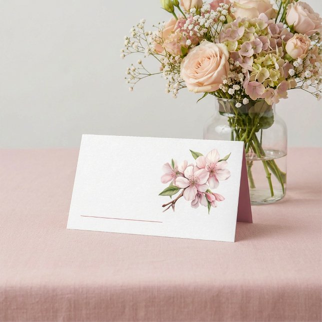 Pink pretty cherry blossom table name place card (Delicate floral table name place card features a soft pink blossom design.)