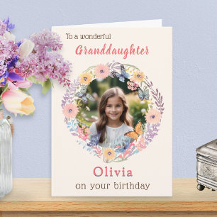 Pink Pretty Flowers Granddaughter Photo Birthday Card