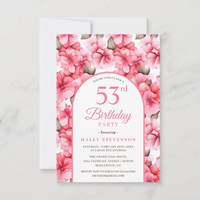 Pink Pretty Garden Floral Arch Chic 53rd Birthday Invitation (Front)