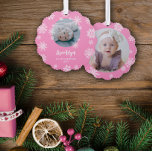 Pink Pretty Snowflakes Baby Girl's 1st Christmas Tree Decoration Card<br><div class="desc">Photo ornament celebrating your baby girl's first Christmas with snowflakes in white against pink and two photos of your daughter.</div>