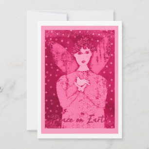 Pink Primitive Angel with White Dove Holiday Card