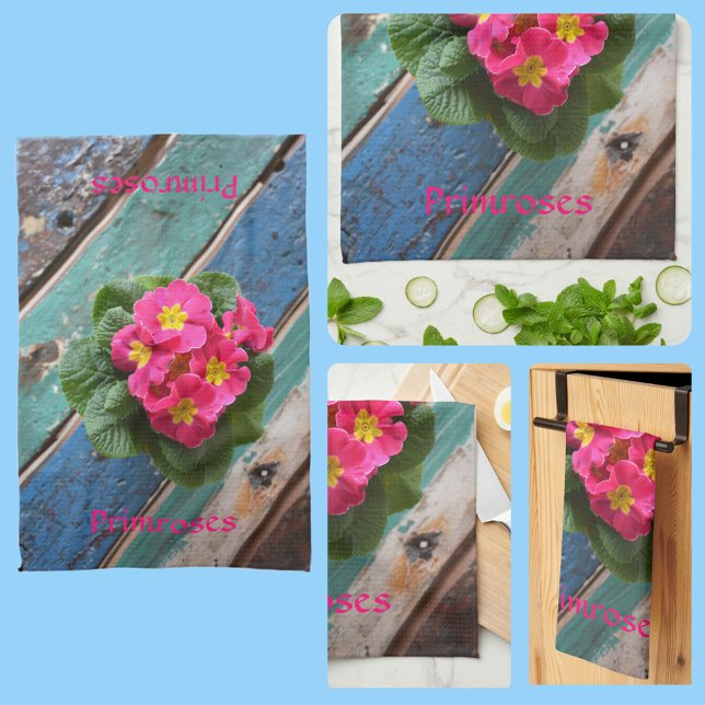 Pink Primroses Bright Colourful Rustic Floral Tea Towel (Creator Uploaded)