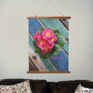 Pink Primroses Teal Aquw Turquoise Rustic Floral Hanging Tapestry