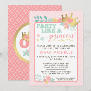 Pink Princess Baby Girl First Birthday Invitation