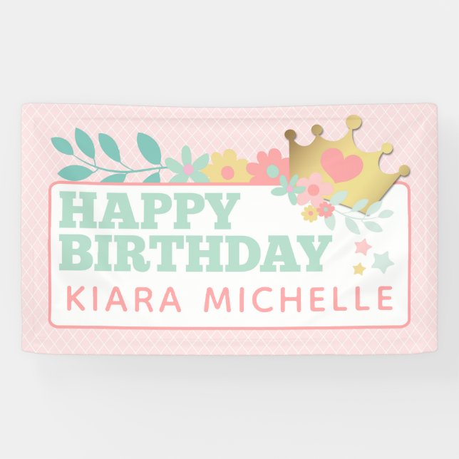 Pink Princess Baby Girl Happy Birthday Party Banner (Horizontal)
