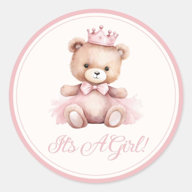 Pink Princess Bear Baby Girl Baby Shower Classic Round Sticker (Front)