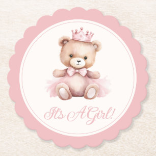 Pink Princess Bear Baby Girl Baby Shower Paper Coaster
