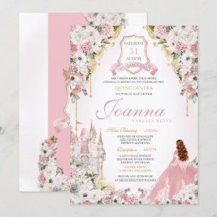 Pink Princess Blush Gold Royal Castle Quinceanera Invitation