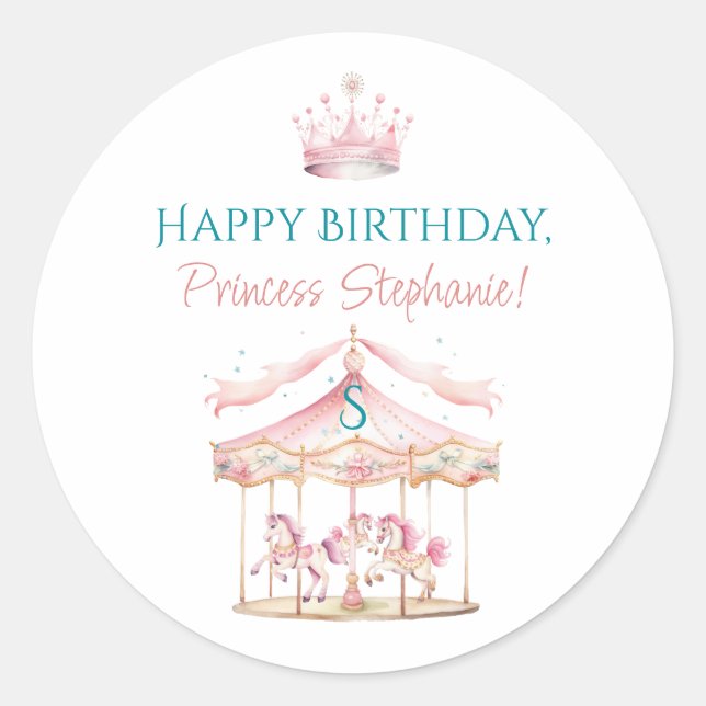Pink Princess Carousel Magical 1st Birthday Girl Classic Round Sticker (Front)