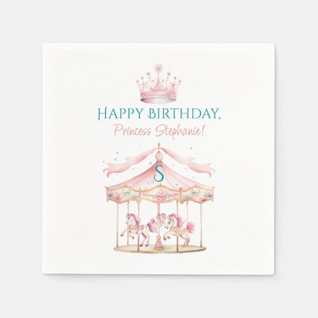 Pink Princess Carousel Magical 1st Birthday Girl Napkin (Front)