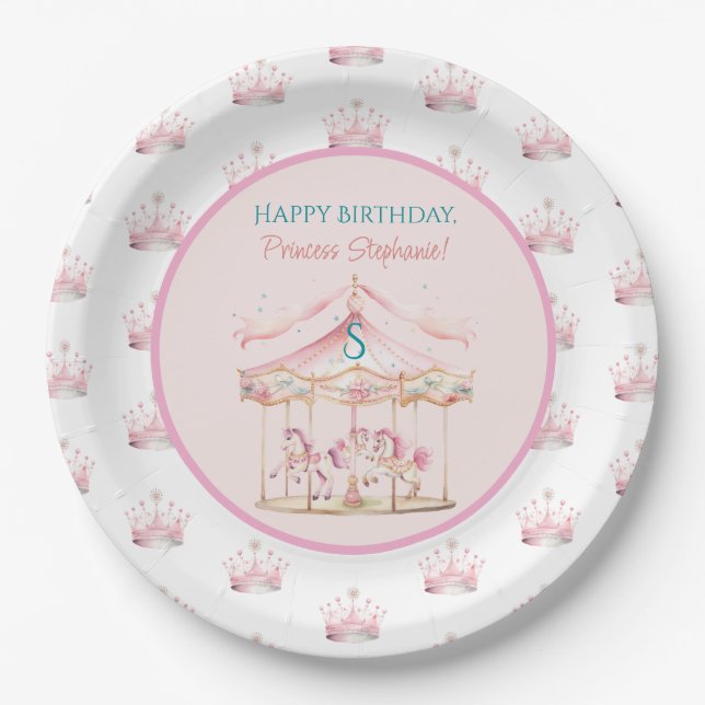 Pink Princess Carousel Magical 1st Birthday Girl Paper Plate (Front)