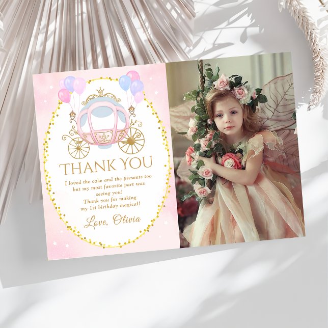 Pink Princess Carriage Birthday Photo Thank You Card (Creator Uploaded)