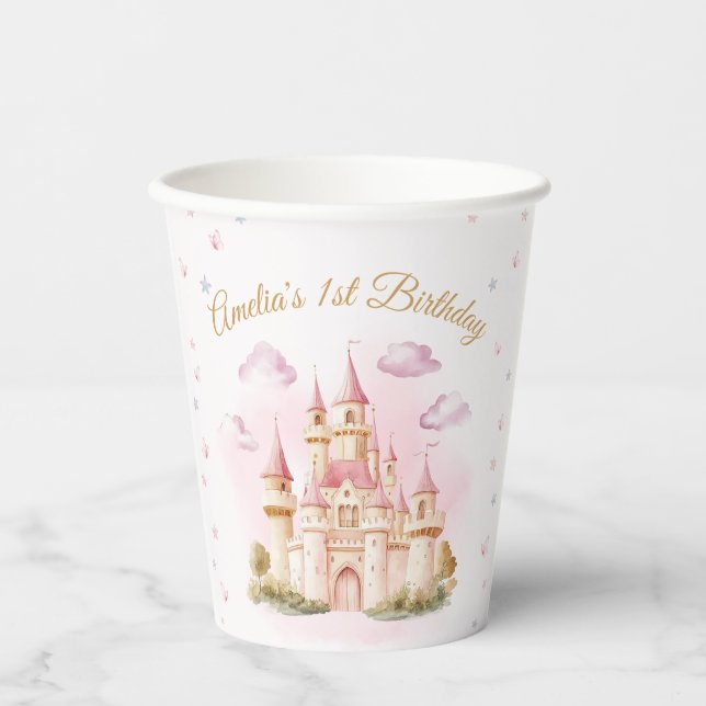 Pink Princess Castle Birthday Paper Cups (Front)
