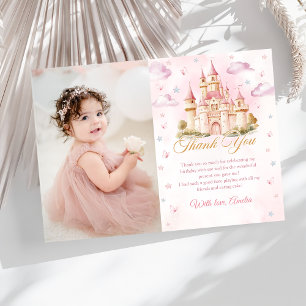 Pink Princess Castle Birthday Photo Thank You Card