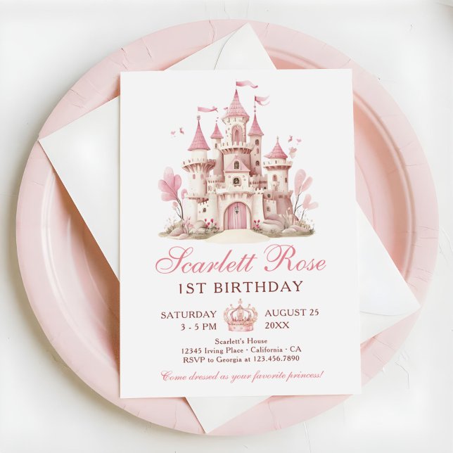 Pink Princess Castle Floral 1st Birthday Party Invitation (Creator Uploaded)