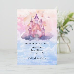 Pink princess castle girl birthday invitation
