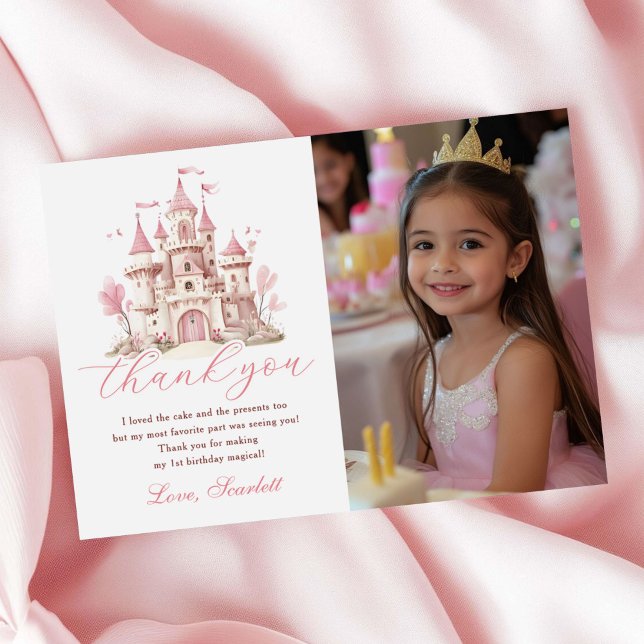 Pink Princess Castle Girl's Birthday Party Photo Thank You Card (Creator Uploaded)