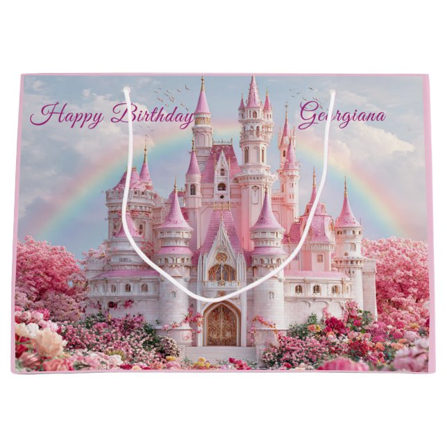 Pink Princess Castle Rainbow Clouds Large Gift Bag (Front)