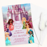 Pink Princess Castle Royal Kid Girl Birthday  Invitation<br><div class="desc">A princess themed girls Birthday invitation template. The princess design features a pink magic castle surrounded by princesses in rainbow multicolor dresses. Personalize by editing the digital or printed invite with your unique event details.</div>