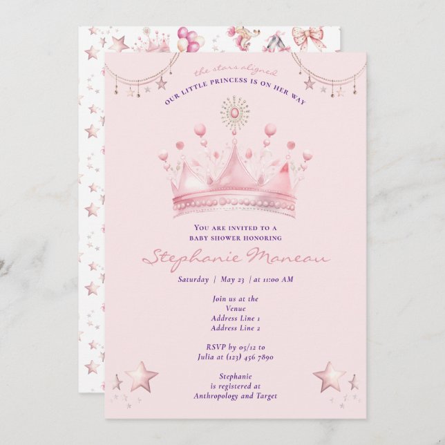 Pink Princess Celestial Stars Aligned Baby Shower Invitation (Front/Back)