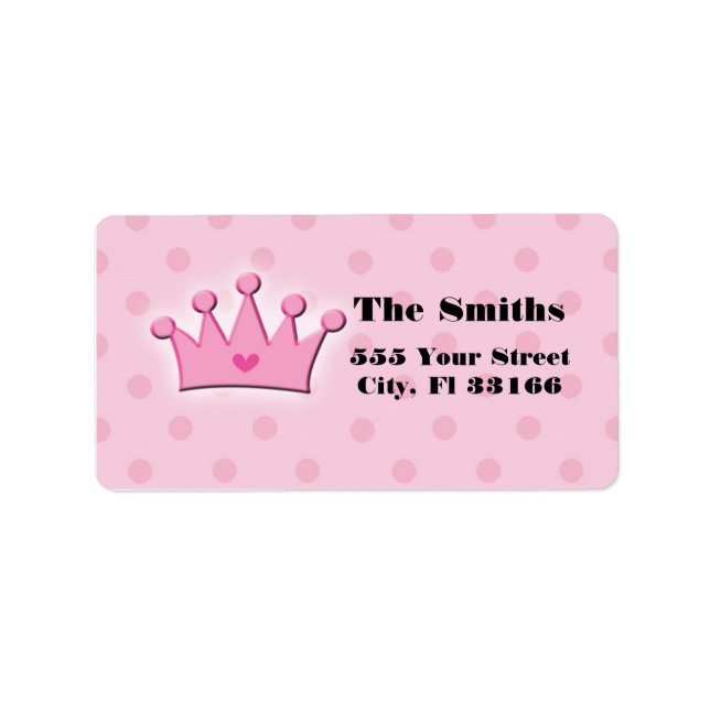 Pink Princess Crown Adress Labels Polka Dots (Front)