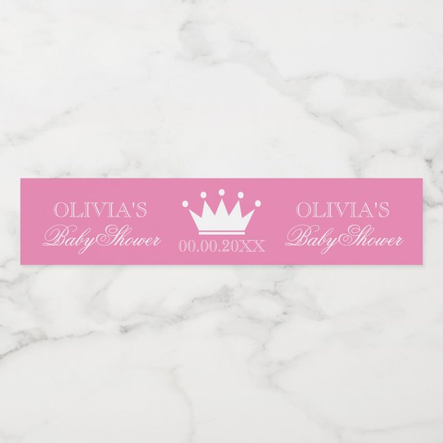 Pink princess crown chic girls baby shower custom water bottle label (Single Label)