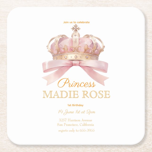 Pink Princess Crown Fairytale Birthday  Square Paper Coaster (Front)