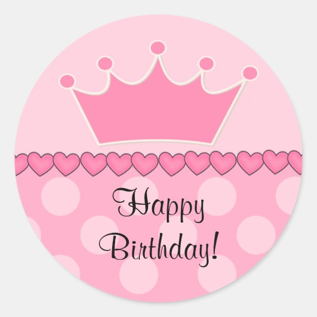 Pink Princess Crown Happy Birthday Sticker (Front)