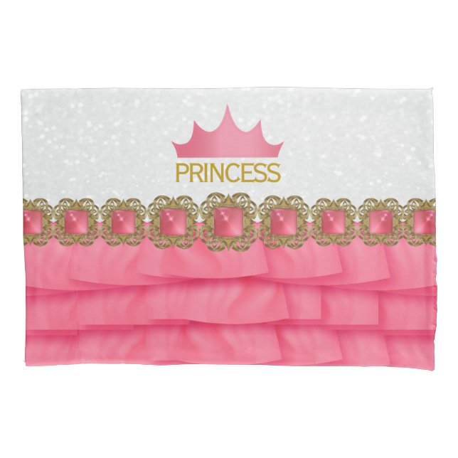 Pink Princess Crown with Ruffle Print Pillowcase (Front)