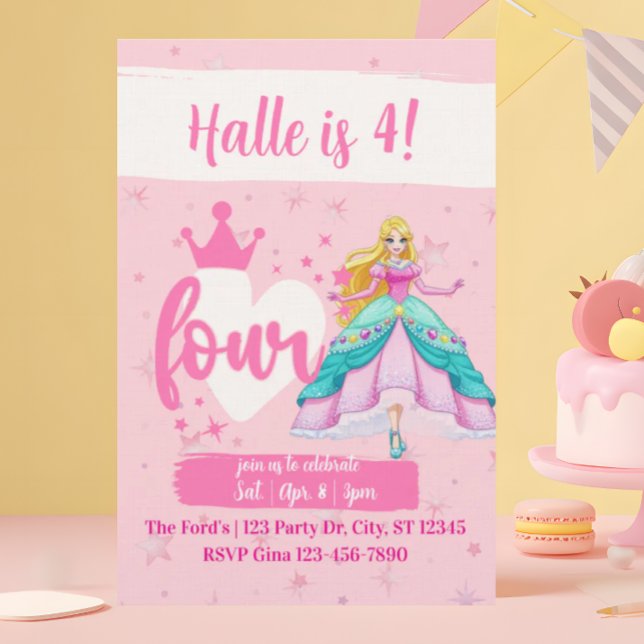 Pink Princess Doll, 4th Birthday Invitation (Creator Uploaded)