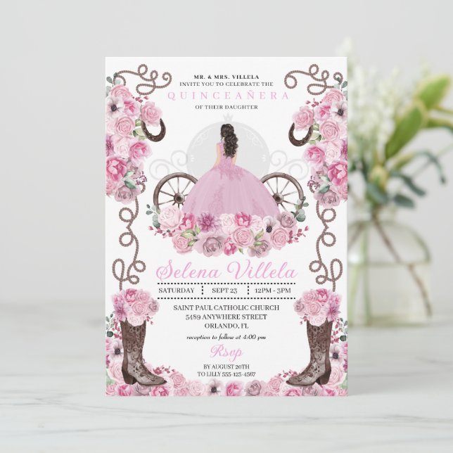 Pink Princess Dress & Boots Quinceañera Invitation (Standing Front)