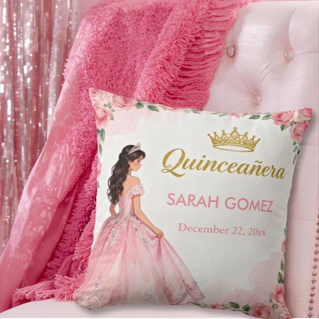 Pink Princess Dress Gold Tiara Quinceañera Cushion (Creator Uploaded)
