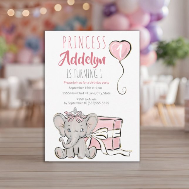 Pink Princess Elephant Child's 1st Birthday Party Invitation (Baby elephant little girl's 1st birthday invitation)